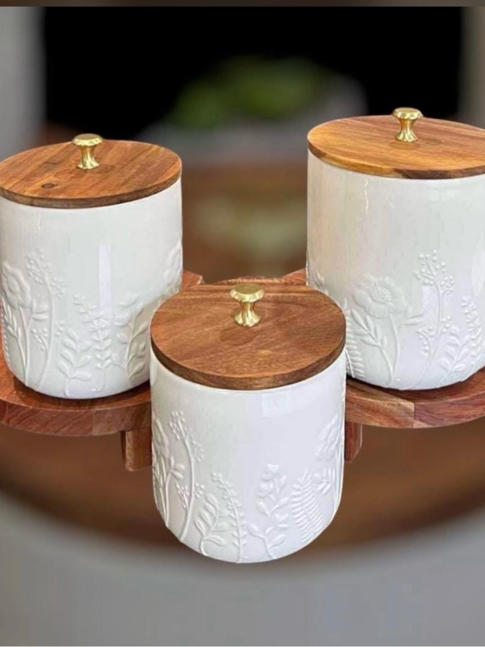 Embossed White Ceramic Canister Trio with Wood Lids & Brass Knobs